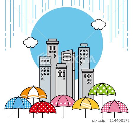 雨が降る都会のビル群とカラフルな傘の風景イラスト 114408172