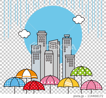 雨が降る都会のビル群とカラフルな傘の風景イラスト 114408172
