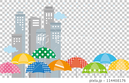 白雪皚皚的城市景觀和彩色雨傘的背景插圖 114408176