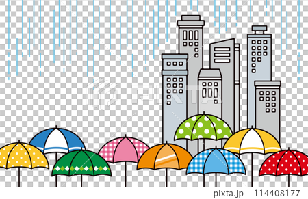 多雨的城市景觀和彩色雨傘的背景插圖 114408177