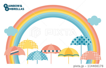 虹と雲とたくさんのカラフルな傘のベクターイラスト背景 114408178