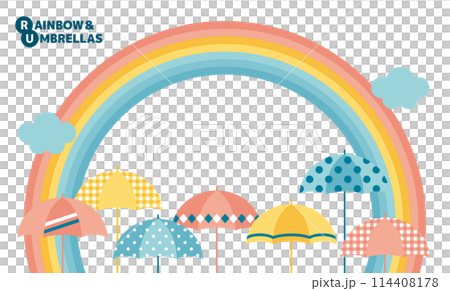 向量插圖背景與彩虹和雲彩和許多五顏六色的雨傘 114408178