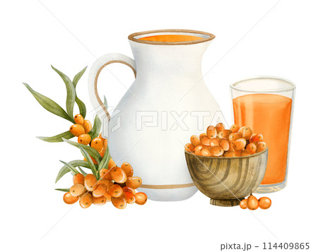 Healthy sea buckthorn juice in white jug and glass with Hippophae berries in wooden bowl watercolor isolated illustration. Hand drawn diet farm drink for rustic organic food Healthy sea buckthorn juice in white jug and glass with Hippophae berries in wooden bowl watercolor isolated illustration. Hand drawn diet farm drink for rustic organic food 114409865