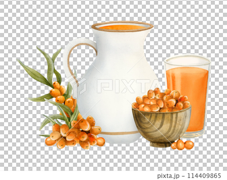 Healthy sea buckthorn juice in white jug and glass with Hippophae berries in wooden bowl watercolor isolated illustration. Hand drawn diet farm drink for rustic organic food Healthy sea buckthorn juice in white jug and glass with Hippophae berries in wooden bowl watercolor isolated illustration. Hand drawn diet farm drink for rustic organic food 114409865