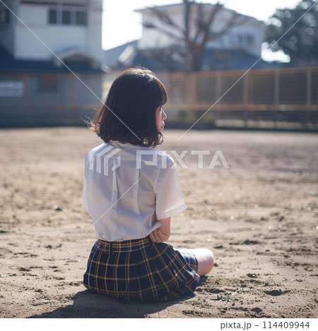 校庭に座る学生 114409944