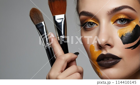 Creative Portrait of a girl with cosmetic brush at face. Creative Portrait of a girl with cosmetic brush at face. 114410145