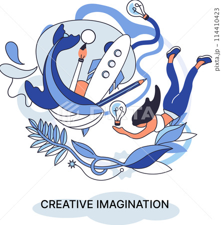Creative imagination and creativity, original thinking. Originative fantasy of designer or artist. Ability to see things in new line and find unusual solutions to problematic problems in creation 114410423