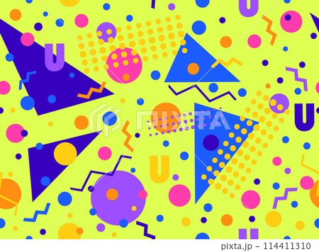 Geometric seamless pattern with memphis elements in 80s style. Colorful geometric pattern. Design of promotional products, wrapping paper and printing. Vector illustration Geometric seamless pattern with memphis elements in 80s style. Colorful geometric pattern. Design of promotional products, wrapping paper and printing. Vector illustration 114411310