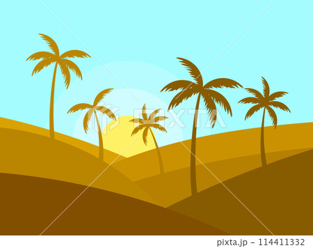 Landscape with silhouettes of palm trees at sunrise. Tropical landscape with palm trees in a minimalist style. Desert with sand dunes. Design for wallpaper, banner and cover print. Vector illustration 114411332
