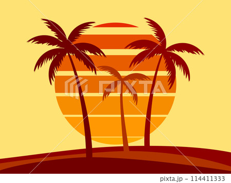 Tropical palm trees at sunset in a futuristic 80s style. Summer time, silhouettes of palm trees in synthwave and retrowave style. Design of advertising booklets and banners. Vector illustration 114411333