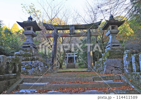 福岡県嘉麻市の高台にある馬見神社参道と鳥居 114411589