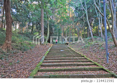 福岡県嘉麻市の高台にある馬見神社参道を歩く人物 福岡県嘉麻市の高台にある馬見神社参道を歩く人物 114411591