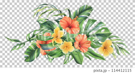 Tropical palm leaves, monstera and flowers of plumeria, hibiscus, bright juicy. Hand drawn watercolor botanical illustration. Composition isolated from the background 114412115