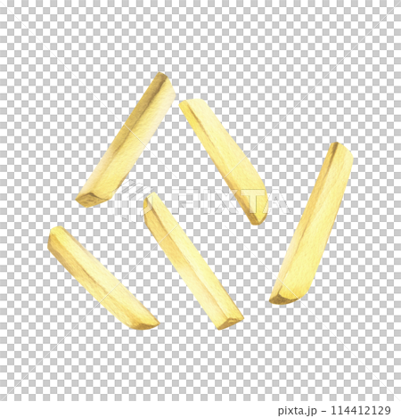 White potato slices, peeled, long sticks for French fries. Watercolor illustration, hand-drawn on the theme of harvest, cooking, food, vegetable shop design. Set of elements isolated from background. 114412129