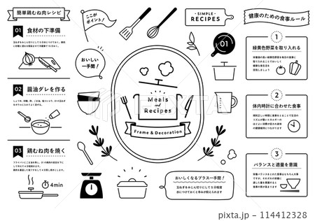 料理・食事・レシピのフレームと飾りのイラストセット キッチン あしらい 装飾 リボン 食器 鍋 皿 料理・食事・レシピのフレームと飾りのイラストセット キッチン あしらい 装飾 リボン 食器 鍋 皿 114412328
