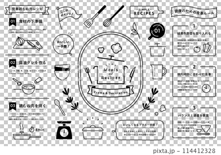 Cooking, meal and recipe frame and decoration illustration set Kitchen decorations Ribbons Tableware Pots Plates 114412328