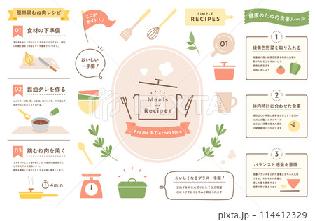 料理・食事・レシピのフレームと飾りのイラストセット キッチン あしらい 装飾 リボン 食器 鍋 皿 料理・食事・レシピのフレームと飾りのイラストセット キッチン あしらい 装飾 リボン 食器 鍋 皿 114412329