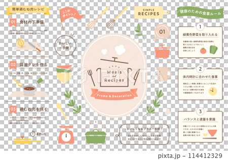 Cooking, meal and recipe frame and decoration illustration set Kitchen decorations Ribbons Tableware Pots Plates 114412329