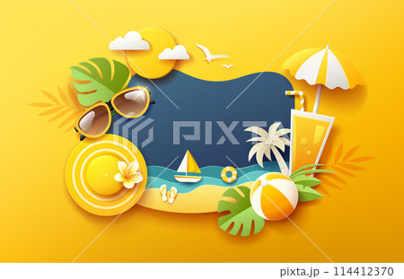 Summer holiday fun, with tropical green leaf on sea beach, paper cut concept 114412370