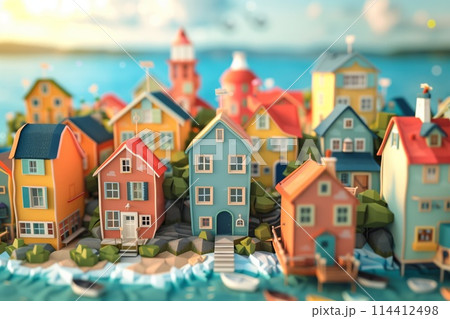 Whimsical 3d illustration of a vibrant, picturesque seaside town with charming houses Whimsical 3d illustration of a vibrant, picturesque seaside town with charming houses 114412498