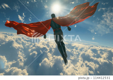 Majestic superhero flies with a red cape against a sunny sky background 114412531