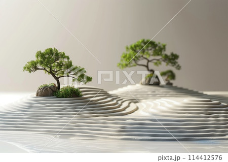 Tranquil zen garden with miniature bonsai trees 114412576