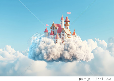 Whimsical castle perched atop fluffy clouds set against a serene sky 114412908