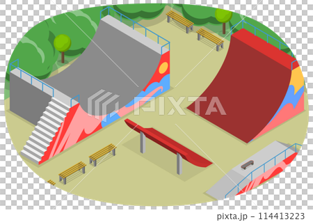 3D Isometric Flat Conceptual Illustration of Skateboarding Area, Skate Park 3D Isometric Flat Conceptual Illustration of Skateboarding Area, Skate Park 114413223