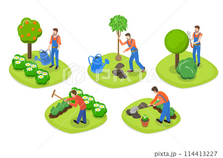 3D Isometric Flat  Conceptual Illustration of Garden Landscape Worker, Backyard Landscaping 114413227