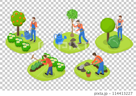 3D Isometric Flat  Conceptual Illustration of Garden Landscape Worker, Backyard Landscaping 114413227