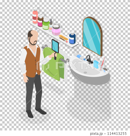 3D Isometric Flat  Conceptual Illustration of Baldness Alopecia, Hairloss Problem 114413255