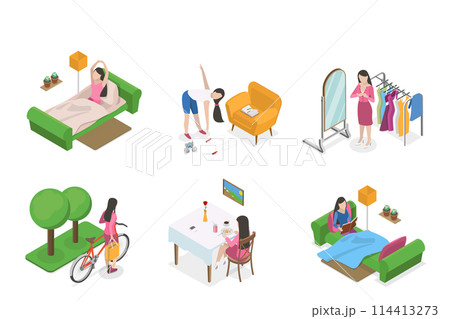 3D Isometric Flat  Conceptual Illustration of Habits and Ritual Items, Productive Morning Routine 114413273