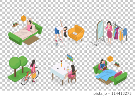 3D Isometric Flat  Conceptual Illustration of Habits and Ritual Items, Productive Morning Routine 114413273