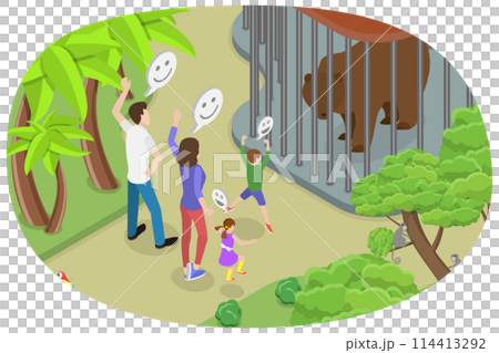 3D Isometric Flat Conceptual Illustration of Visiting Zoo, Family Time 3D Isometric Flat Conceptual Illustration of Visiting Zoo, Family Time 114413292