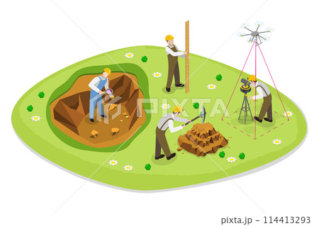 3D Isometric Flat  Conceptual Illustration of Geodesy, Geodetic Developments 114413293