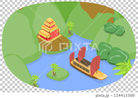 3D Isometric Flat  Conceptual Illustration of Vietnam Landscape, Exotic Scenery 114413300