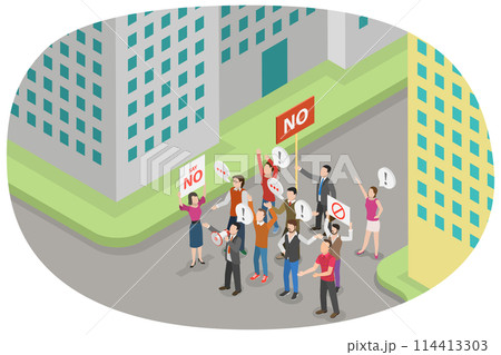 3D Isometric Flat  Conceptual Illustration of Revolution or Demonstration, Protesting People 114413303