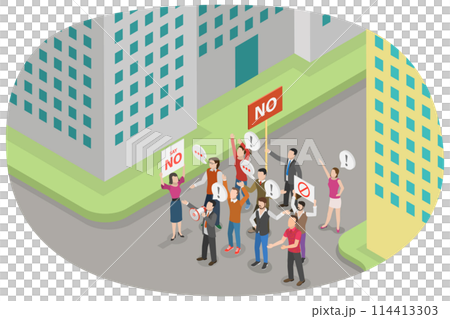 3D Isometric Flat  Conceptual Illustration of Revolution or Demonstration, Protesting People 114413303