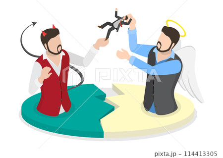 3D Isometric Flat  Conceptual Illustration of Opposite Forces, Good and Evil 114413305