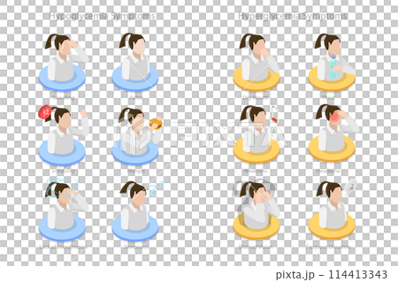 3D Isometric Flat  Conceptual Illustration of Diabetes Hypoglycemia And Hyperglycemia Symptoms, Low and Hgh Sugar Glucose Level 114413343
