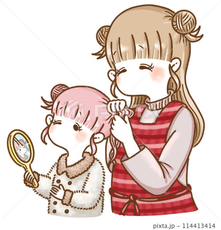 髪の毛を結う親子 髪の毛を結う親子 114413414