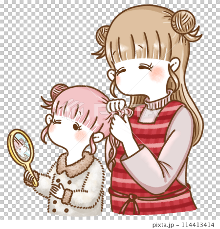 髪の毛を結う親子 髪の毛を結う親子 114413414