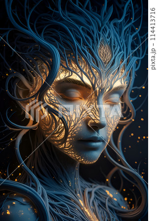 art portrait of tree - goddess. close up. Digital artwork. Ai generated 114413716