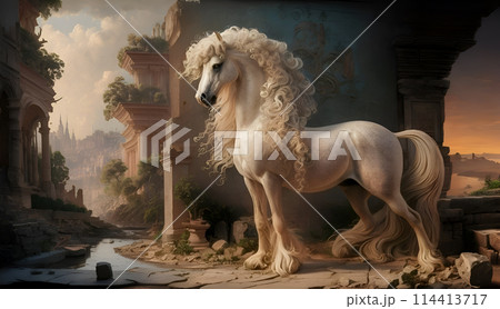 beautiful opulent ancient breed white horse with long tail and mane posing against ruins. Digital artwork in ancient engraving style. Ai generated 114413717