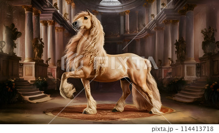 amazing opulent ancient breed horse with long tail and mane posing in regal palace. paint in ancient engraving style. Digital artwork. Ai generated 114413718