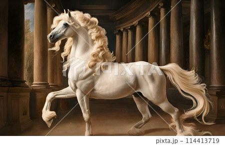 beautiful opulent ancient breed horse with long tail and mane posing against ruins. Digital artwork in engraving style. Ai generated 114413719