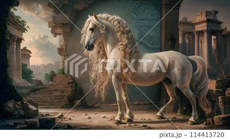 beautiful opulent ancient breed horse with long tail and mane posing against ruins. Digital artwork in ancient engraving style. Ai generated 114413720