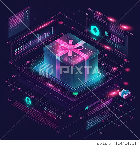 Gift box icon on black background. HUD interface technology design 114414311