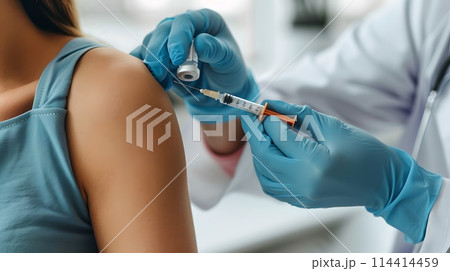 Close-up of a Vaccine Administration, Healthcare Professional at Work, Preventive Medicine Procedure. Concept of Immunization. AI 114414459