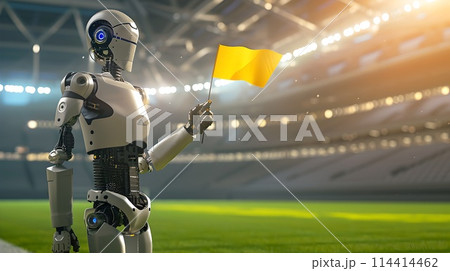 AI Robot Referee Holding Yellow Flag in Stadium. Futuristic Soccer Match Official. Robot Assistant on Sports Field Concept. AI 114414462
